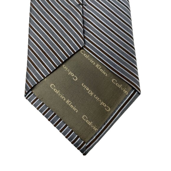 Calvin Klein Mens Vintage Gray and Brown Classic Design Striped Silk Tie - Picture 2 of 9